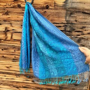 UNBRANDED | Teal Turquoise Blue Paisley Oversized Cashmere Scarf